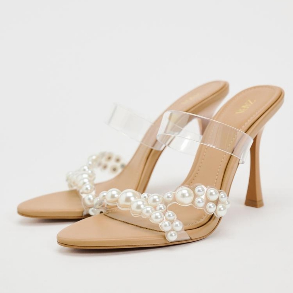 Zara Heeled Vinyl Sandals with Faux Pearls NWT